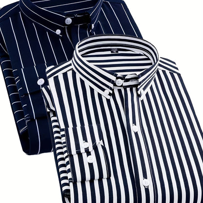 1+1pz Camicia Uomo a Righe con Maniche Lunghe - Colletto Casual, Tessuto Leggero, Ideale per Vacanze al Mare, Appuntamenti e Regali, Top Classico a Righe