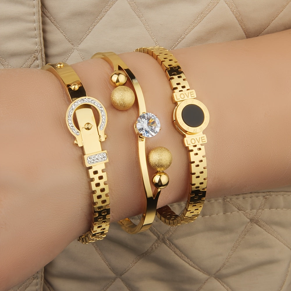 3 pezzi, bracciale da donna in acciaio inossidabile, pendente romano a doppia amore intarsiato con zirconi scintillanti, alla moda e versatile, molto adatto per l'uso quotidiano e come regalo