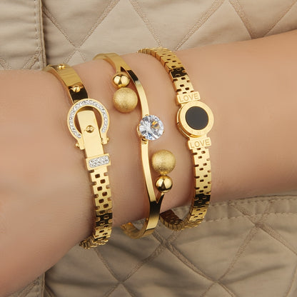 3 pezzi, bracciale da donna in acciaio inossidabile, pendente romano a doppia amore intarsiato con zirconi scintillanti, alla moda e versatile, molto adatto per l'uso quotidiano e come regalo