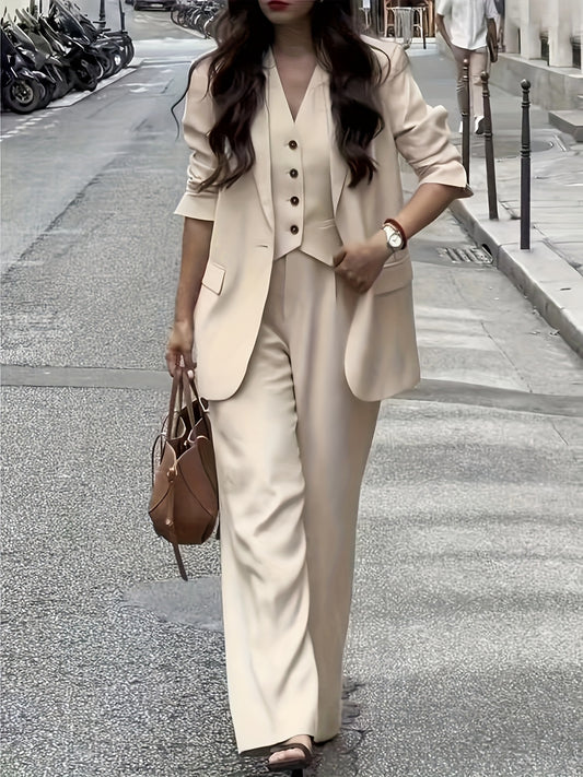 New Women's Beige Three-Piece Suit, Mature and, Stylish Business Attire
