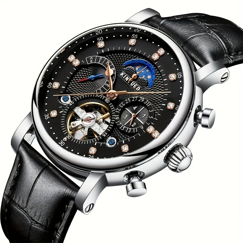 Orologio meccanico automatico da uomo KINYUED con luna e stelle, orologio da polso multifunzione, perfetto per regali festivi, senza batteria