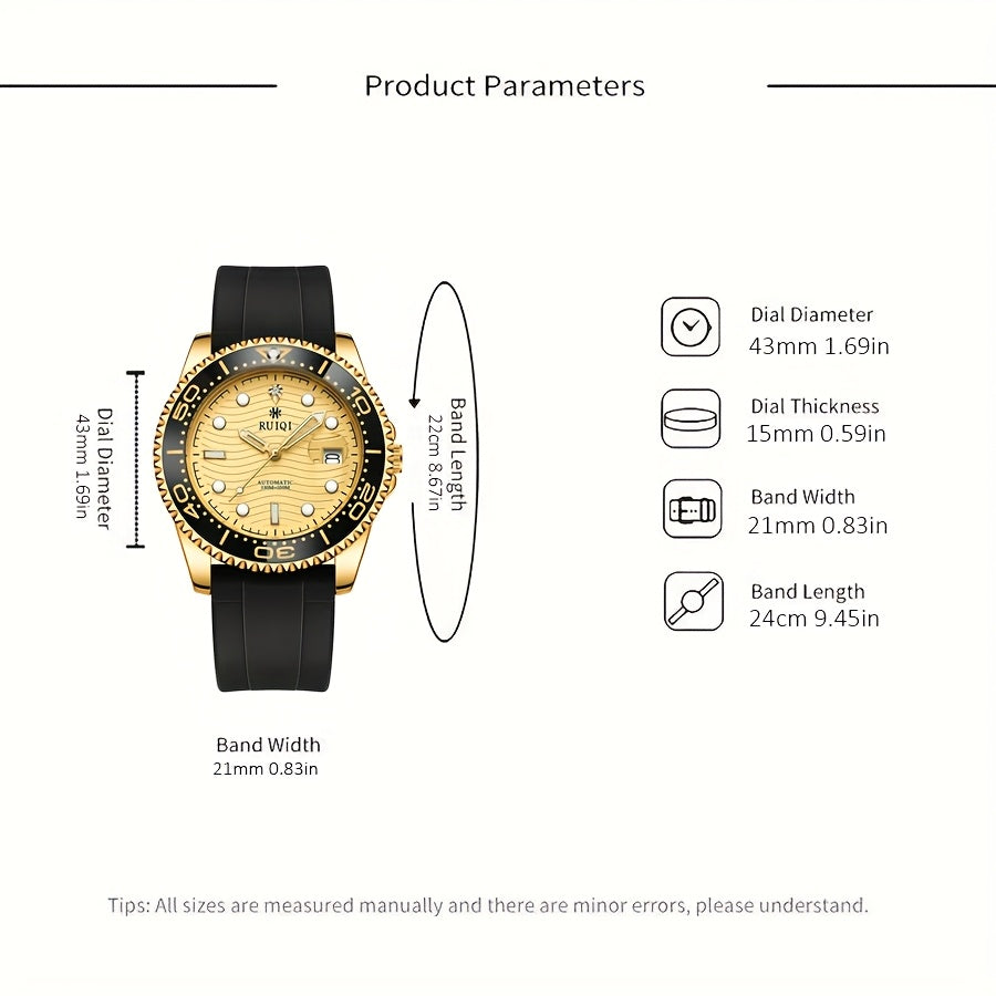 Orologio Meccanico da Uomo RUIQI con Quadrante Luminoso che Brilla al Buio, Faccia Girevole & Display Analogico, Movimento Automatico, Cassa in Tono Oro e Cinturino Nero, Multi-Quadranti per Sport ed Abbigliamento Casual, Elegante orologio analogico di lu