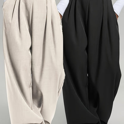 2 pezzi Pantaloni da donna eleganti a gamba larga tinta unita - Pantaloni ampi per tutte le stagioni con tasche, tinta unita e blu navy, abbigliamento casual e formale per tutte le stagioni