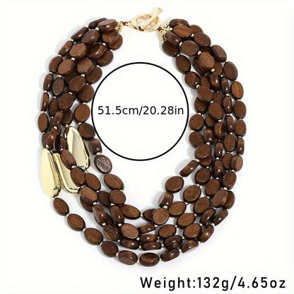 1pz Collana Bohemien Vintage Fatta a Mano con Perline Multistrato - Perle Marroni e Accenti Dorati, Gioiello Stratificato per Donne, Accessorio Quotidiano e da Festa, Regalo Chic Culturale, Stile Etnico, Testura Naturale, Perle in Legno Riciclato