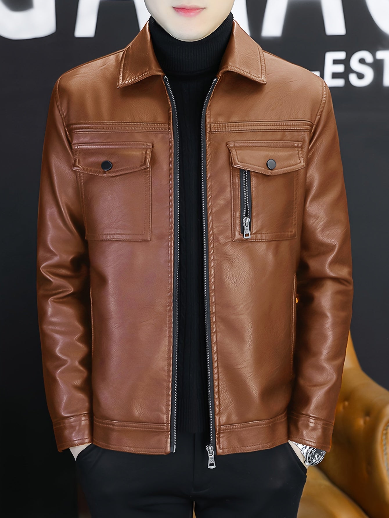 Linea Classic - Giacca da uomo autentica - Stile bomber marrone con chiusura a cerniera