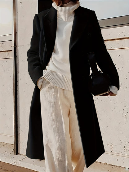 Double Breasted Lapel Overcoat, Elegant Long Sleeve Outwear For Fall & Winter, Women's Clothing