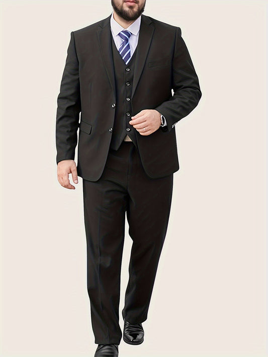 3 pezzi - Set di abito da uomo di taglia grande, composto da vestito + giacca + pantaloni, abito da lavoro, abito formale, colore solido, bottoni, tasche, colletto a revers, maniche lunghe, taglio regolare, tessuto non elastico, per autunno/inverno, feste