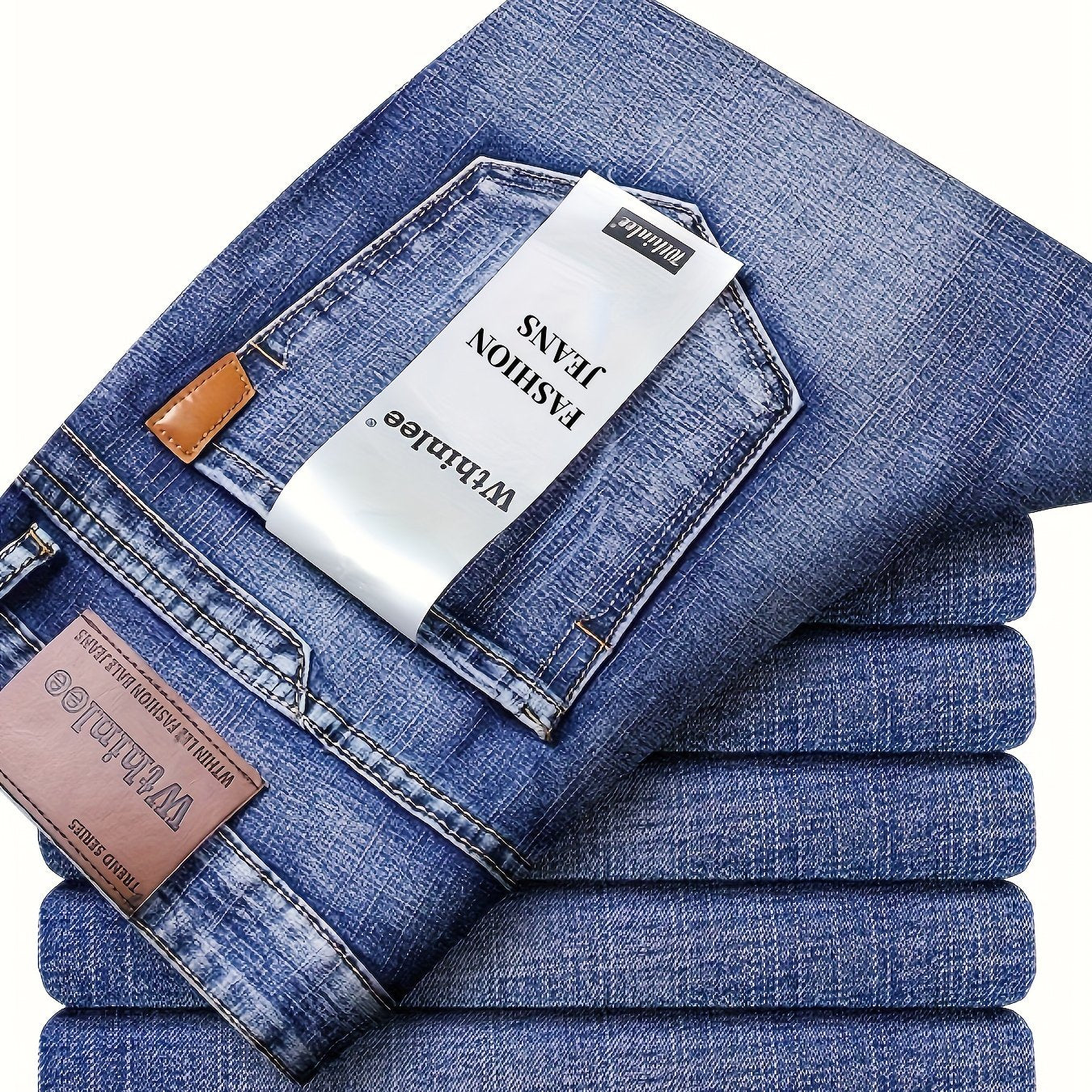 Pantaloni classici in denim finto per uomo, in un'edizione stagionale, con un design comodo e elasticizzato a gamba dritta, adatti per un lavoro casual o d'affari.