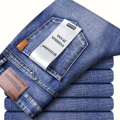 Pantaloni classici in denim finto per uomo, in un'edizione stagionale, con un design comodo e elasticizzato a gamba dritta, adatti per un lavoro casual o d'affari.