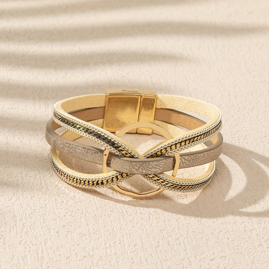 1pezzo Chic Minimalist Hollow Circle Faux Leather Bracelet con Chiusura Magnetica - Stile Vintage, Accenti in Tono Oro, Perfetto per l'Abbigliamento Quotidiano o le Vacanze, Accessorio per le Vacanze|Bracciale in Stile Vintage|Chiusura Magnetica