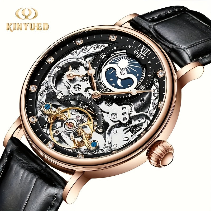 KINYUDE - Orologio meccanico automatico a doppia faccia con scheletro, due zone orarie, orologio impermeabile alla moda, regalo ideale, senza batteria
