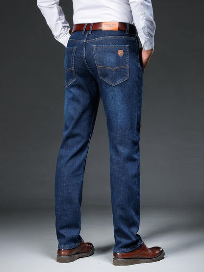 Pantaloni casual a gamba dritta con chiusura a bottoni, tasche e cintura marrone, finitura lavata blu chiaro per l'autunno/inverno, abbigliamento confortevole | Pantaloni a gamba dritta in denim finto | Design classico della tasca