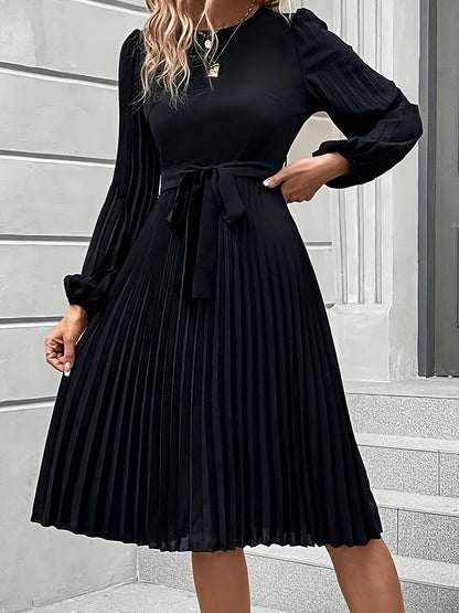 Women'S Elegant Formal & Everyday dress - Long Lantern Sleeves, Adjustable Waist Tie Belt, Flattering A-Line Silhouette, Knee-Length Party Wedding Office Outfit in - Easy-Care Women'S Clothing, Versatile Wardrobe Staple, Sophisticated Pleated Skirt, Durab
