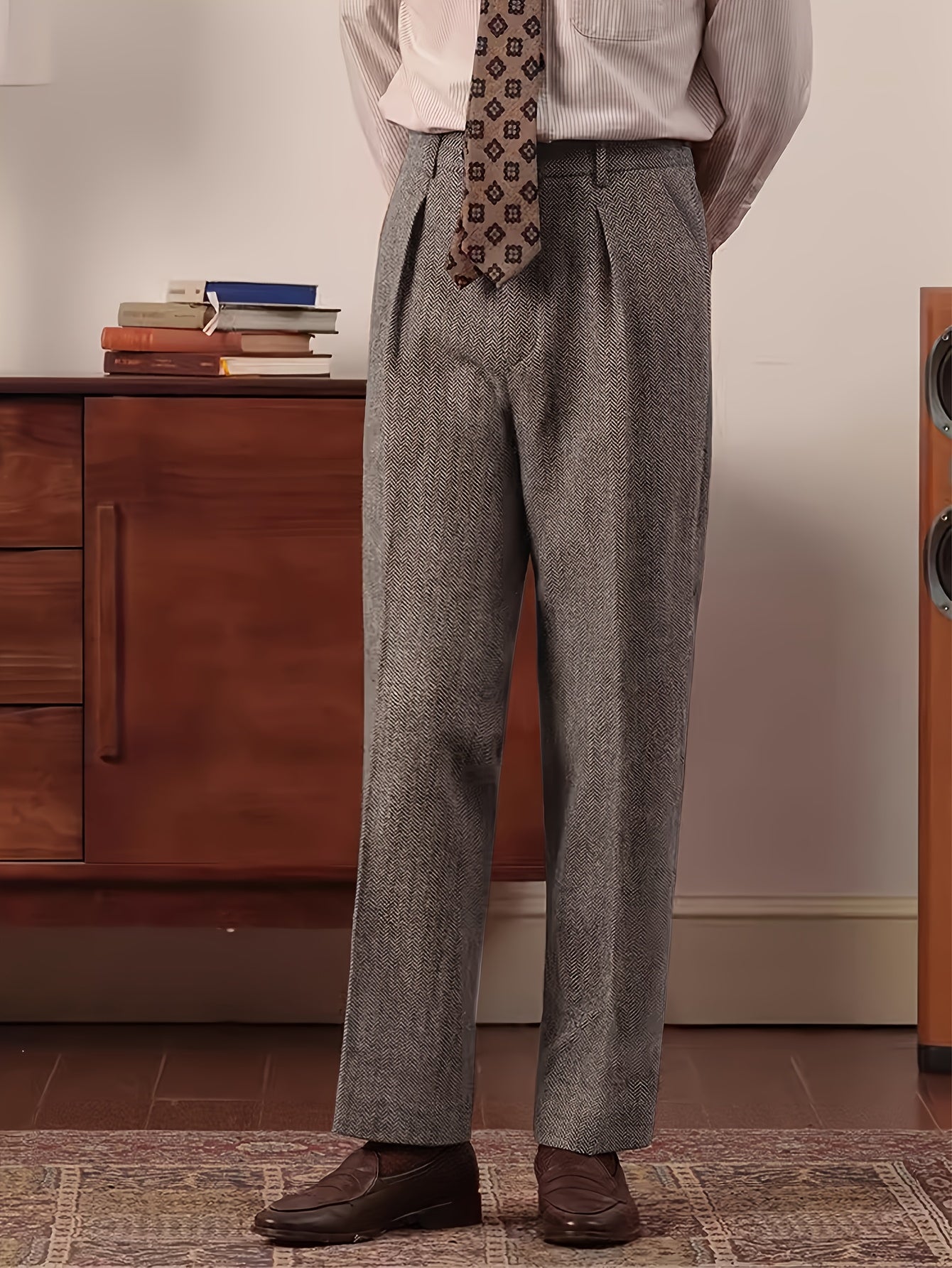 Pantaloni da uomo eleganti in tweed italiano - Pantaloni a gamba dritta a vita alta con chiusura a bottoni, tessuto non elasticizzato per ufficio ed eventi formali - Abbigliamento business autunno/inverno, evento formale, design classico, costruzione resi