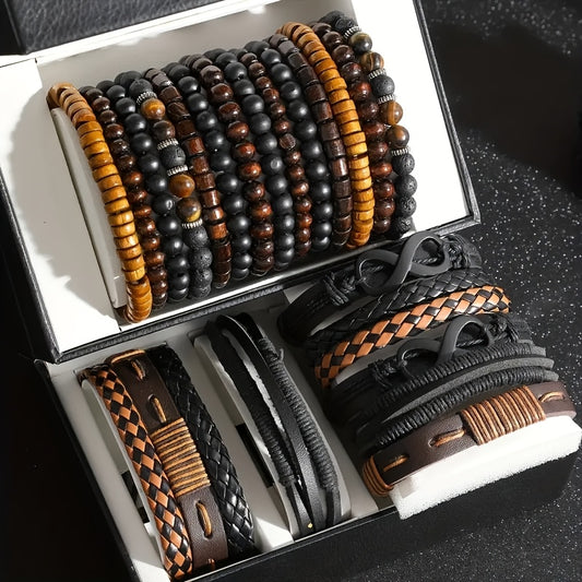 24 pezzi Set di Accessori di Moda da Uomo, Braccialetti in Pelle Sintetica e Perline di Legno in Stile Street, Design Versatili a Strati per Abbigliamento Casual, con Confezione Multipla per Regali (Scatola Non Inclusa)
