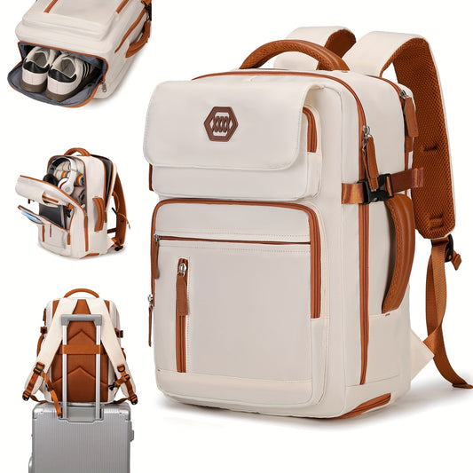 ZAINO DA VIAGGIO PER LAPTOP APPROVATO DALL'AEROPORTO da 39.62 cm con Scomparto per Scarpe e Cinghia per Bagaglio - Zaino Resistente per Affari ed Escursionismo in Beige e Marrone, Scomparti Multipli, Spallacci Regolabili, Solo Lavaggio a Mano, Design Eleg