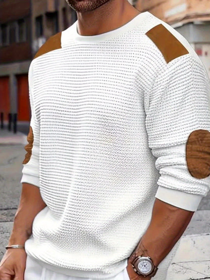 Maglione Casual Uomo in Maglia Waffle con Blocchi di Colore a Contrasto e Patch - Pullover Girocollo Lavabile in Lavatrice per Tempo Libero, Abbigliamento Tessuto