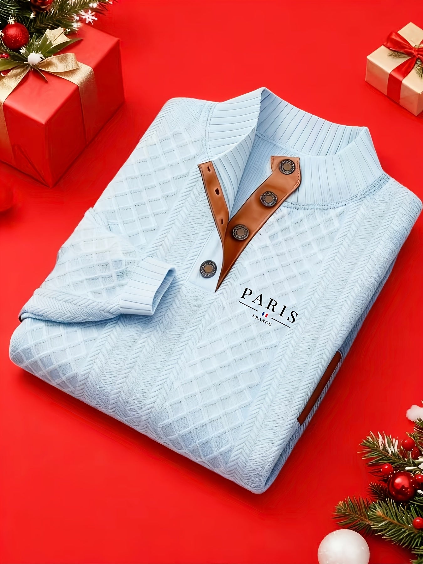 Maglione da uomo pesante in maglia 280g/m² - Blu navy e marrone, colletto con risvolto e bottoni, maglione invernale a maniche lunghe per clima freddo, ufficio, outfit casual - Regalo ideale per uomo, maglione, abbigliamento da ufficio, maglieria texturiz