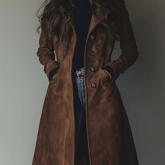 Women's Elegant Vintage Brown -Effect Coat - Classic Lapel Collar & Single-Button Closure, H-Line Silhouette, Machine Washable Winter Jacket for Office, Formal & Casual Attire - Durable All-Season Outerwear with Retro Style & Structured Fit - Timeless Wom