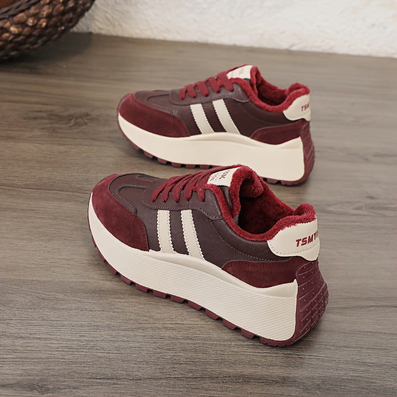 Scarpe da ginnastica invernali da donna con fodera in pile - Scarpe basse con lacci in pelle sintetica con design ricamato e suola spessa e morbida, ideali per un look casual e sportivo, scarpe da ginnastica invernali | Scarpe invernali alla moda | Suola