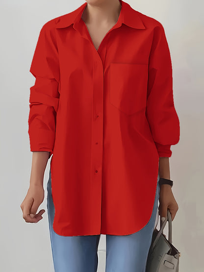 Women'S Elegant Solid Color Button-Up Shirt with Long Sleeves - Red, Casual Style, Perfect for Spring/Summer, Casual Attire|Elegant Buttonup|Long Sleeve Shirt