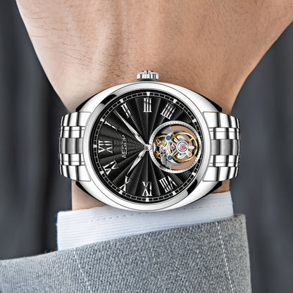 Orologio Meccanico di Lusso AESOP Uomo - Movimento True Flying Tourbillon, Carica Manuale con Quadrante Blu e Numeri Romani, Cassa in Acciaio Inossidabile, per Abbigliamento Formale e Casual - Regalo Ideale per Appassionati di Orologi, Design Elegante, Ar