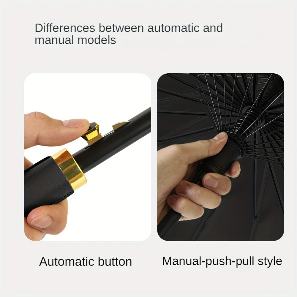 Ombrello a vento a 24 rib con manico lungo - Ombrello da golf e viaggio automatico, design nero resistente per uomini e donne, ideale per escursioni, golf e avventure all'aperto, attrezzatura da escursionismo, elegante close-up, apertura semiautomatica