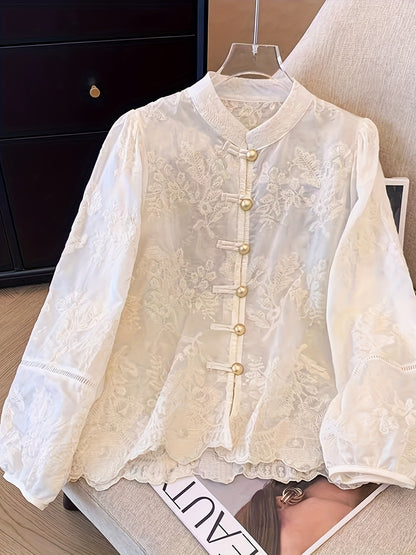 Women's Elegant Chinese-Style Embellished Blouse - Semi-Sheer Stand Collar Button-Front Jacket with Golden-Tone Floral/Butterfly/Lanterns/Clouds Patches, White Traditional Asian-Inspired Top for Weddings & Cultural Events (Machine, Elegant Two Piece Sets