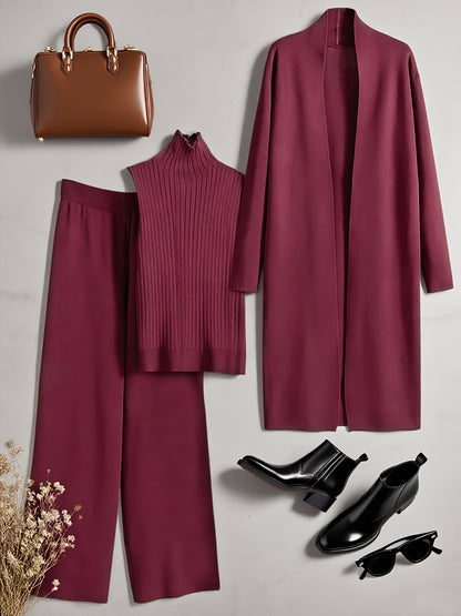 Set Invernale da Donna 3 Pezzi - Elegante Tuta Ispirata al Stile Coreano con Blazer a Collo, Pantaloni a Gamba Larga e Giacca | Lavabile a Mano per Ufficio e Semi-Formale, Beige/Marrone/Blu Navy/Taupe (Non Lavare a Secco)