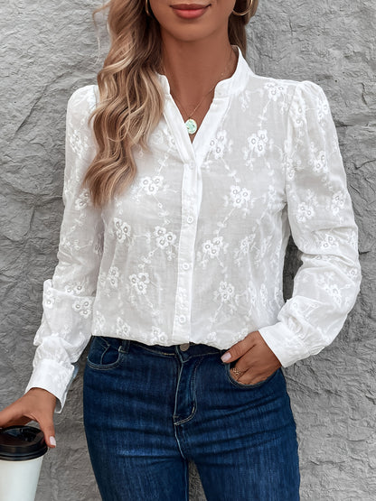 Women's Blouse - Elegant White Long Sleeve shirt with Button Front Placket, Structured Non-Stretch Blouse for Office, Formal Events, Casual Attire - Machine Washable Women's Clothing, Spring Fashion, Delicate Embroidery, Breathable Material, Stylish Top,