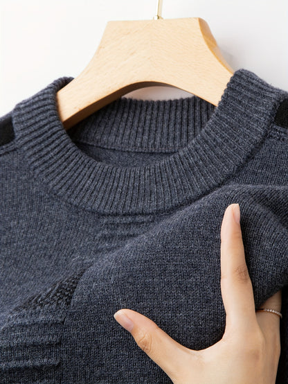 Maglione da uomo con scollo a giro e strisce laterali - Spesso, con maniche lunghe per l'autunno/inverno, strato casual per riunioni all'aperto e abbigliamento quotidiano, abbigliamento invernale | Maglione con strisce laterali | Tessuto lavorato a maglia