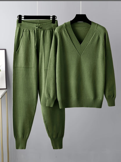 Set a due pezzi, maglione casual a maniche lunghe e pantaloni a V con scollo, senza cintura, lunghezza regolare delle maniche, pantaloni lunghi