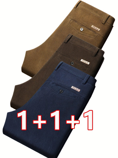 3 pezzi Pantaloni Eleganti da Uomo in Velluto a Coste - Casual Business Leggero, Semi-Formale, Tinta Unita, Vestibilità Regolare, Comfort per Tutte le Stagioni, Marrone, Blu Navy, Perfetti per Ufficio o Abbigliamento Casual, Abbigliamento da Ufficio|Aspet