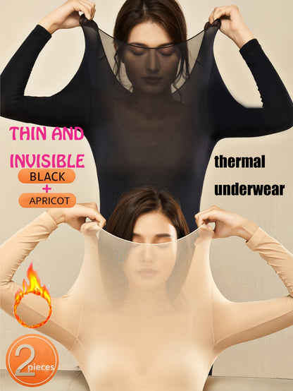 2pcs Sottovesti Caldi Ultra Sottili, Top Slim Fit a Manica Lunga Morbido e Confortevole ad Alta Elasticità, Intimo e Biancheria da Notte da Donna