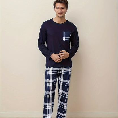 Set Pigiama Casual da Uomo - T-Shirt a Maniche Lunghe con Collo Rotondo & Pantaloni a Quadri, Misto Poliestere Morbido, Perfetto per la Primavera/Autunno