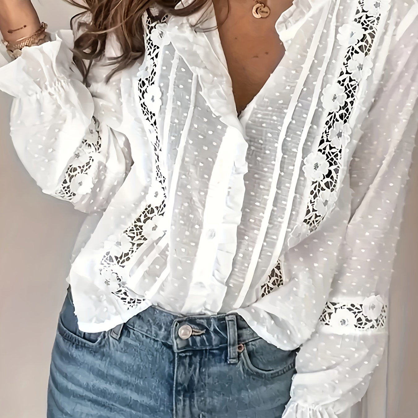 Solid Color Polka Dot Lace Shirt