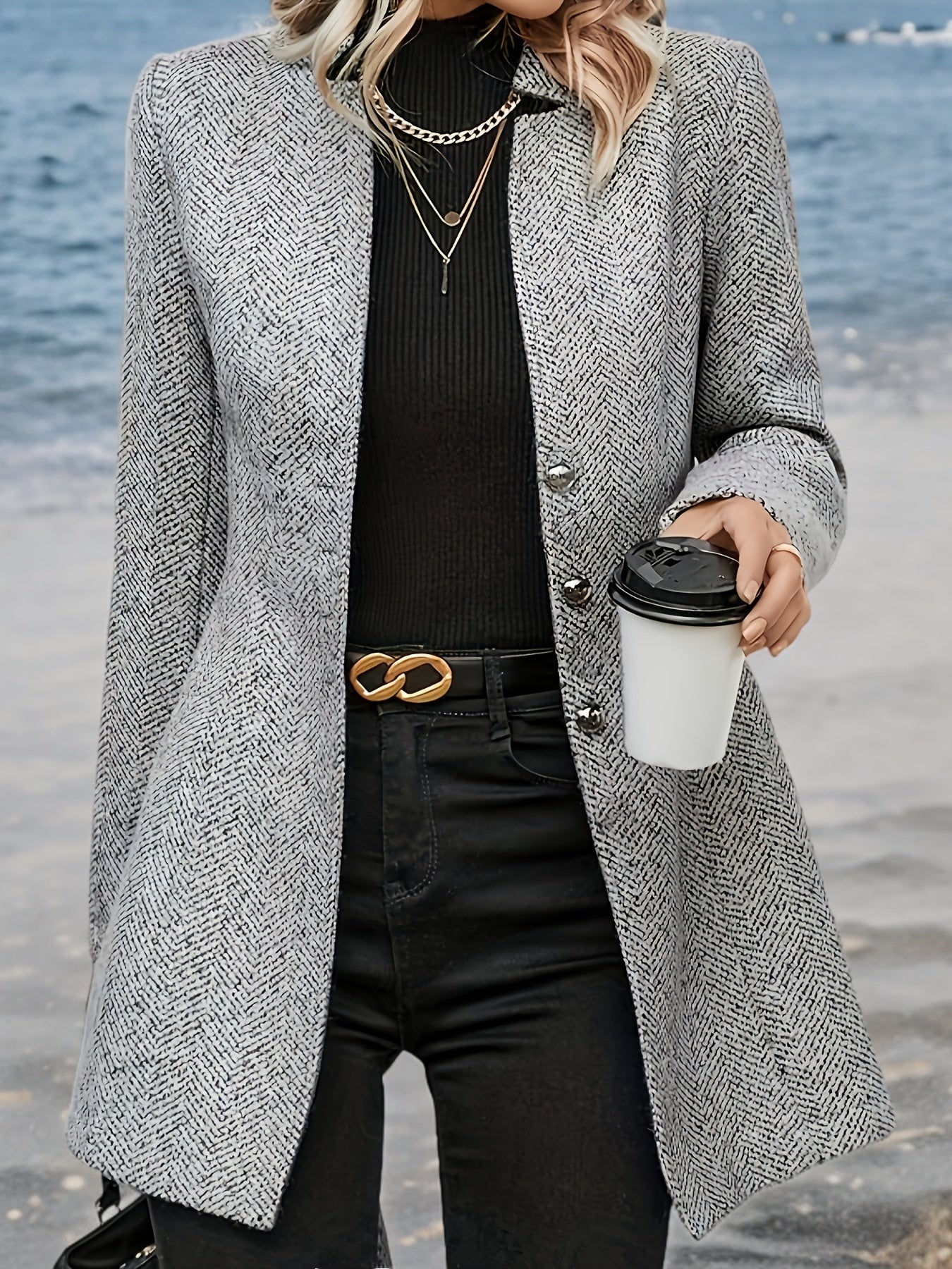 Women's Tweed Coat - Elegant, H-Silhouette Formal & Everyday Outerwear, Long Sleeve Winter Coat for Office, Parties, Casual Outfits - Non-Stretchy Mature Professional Jacket, Office Wear, Tailored Fit, Textured Fabric, Stylish Outerwear
