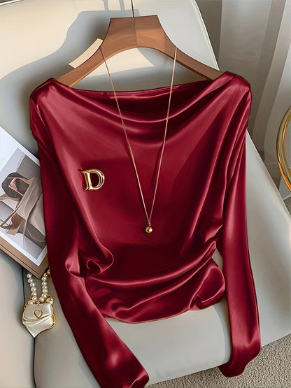 Maglietta elegante a maniche lunghe da donna - Colore solido, vestibilità slim, scollo a giro, poliestere, perfetta per feste, appuntamenti e lavoro, top elegante per tutti i giorni|Top a maniche lunghe e sottili|Tessuto in poliestere