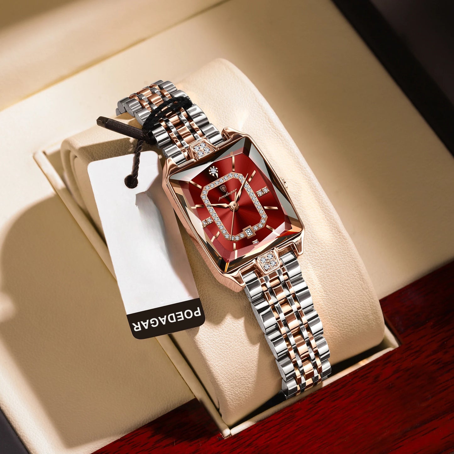 Orologio di lusso per donne POEDAGAR - Elegante calendario impermeabile con visualizzazione della data, orologio quadrato in acciaio inossidabile, cassetta in lega di zinco, cinturino in acciaio inossidabile, stile casual, accessorio elegante | Design ele