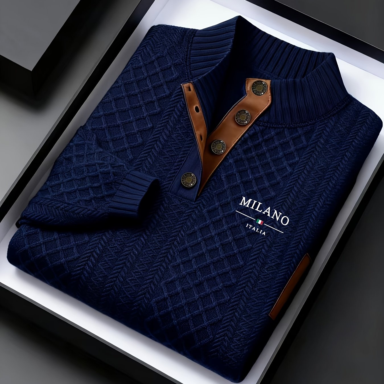 Maglione da uomo pesante in maglia 280g/m² - Blu navy e marrone, colletto con risvolto e bottoni, maglione invernale a maniche lunghe per clima freddo, ufficio, outfit casual - Regalo ideale per uomo, maglione, abbigliamento da ufficio, maglieria texturiz