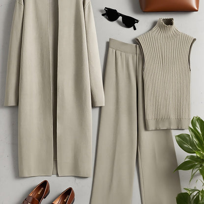 Set Invernale da Donna 3 Pezzi - Elegante Tuta Ispirata al Stile Coreano con Blazer a Collo, Pantaloni a Gamba Larga e Giacca | Lavabile a Mano per Ufficio e Semi-Formale, Beige/Marrone/Blu Navy/Taupe (Non Lavare a Secco)