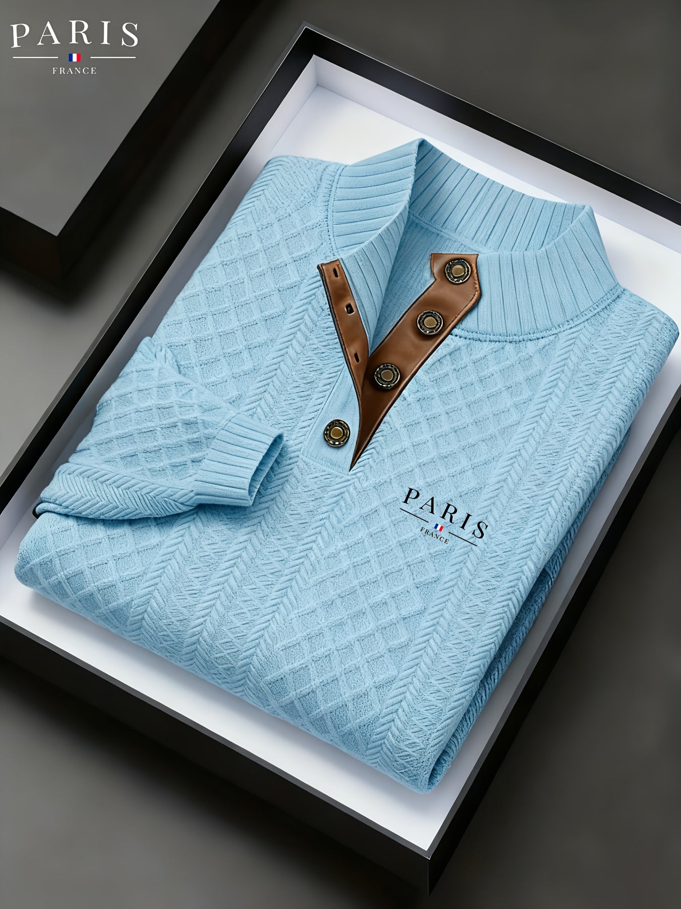 Maglione da uomo pesante in maglia 280g/m² - Blu navy e marrone, colletto con risvolto e bottoni, maglione invernale a maniche lunghe per clima freddo, ufficio, outfit casual - Regalo ideale per uomo, maglione, abbigliamento da ufficio, maglieria texturiz