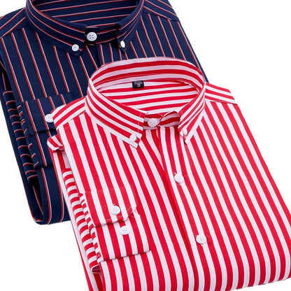 1+1pz Camicia Uomo a Righe con Maniche Lunghe - Colletto Casual, Tessuto Leggero, Ideale per Vacanze al Mare, Appuntamenti e Regali, Top Classico a Righe