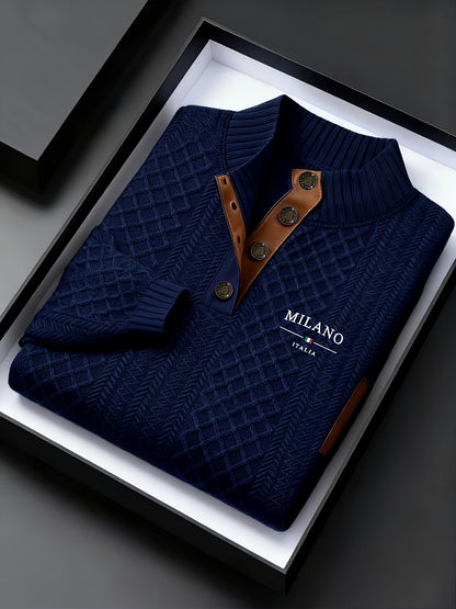 Maglione da uomo pesante in maglia 280g/m² - Blu navy e marrone, colletto con risvolto e bottoni, maglione invernale a maniche lunghe per clima freddo, ufficio, outfit casual - Regalo ideale per uomo, maglione, abbigliamento da ufficio, maglieria texturiz