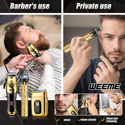 WEEME Set di 3 pezzi per taglio capelli elettrico da uomo, set per parrucchiere domestico, tagliacapelli USB ricaricabile, testina in lega, display LCD, forma intagliata, ideale per casa e viaggi, regalo per la Festa del Papà