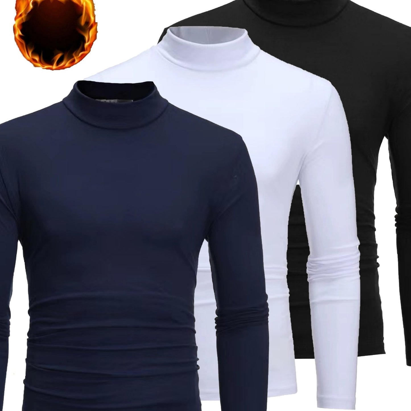 3pcs Camicie a maniche lunghe con collo alto in pile termica per uomo - Slim Fit Stand Collar Base Layer, Top casual invernali a tinta unita per strati, Bianco/Nero/Azzurro marino, Essenziali per il tempo freddo, Collo alto elegante, Camicia comoda
