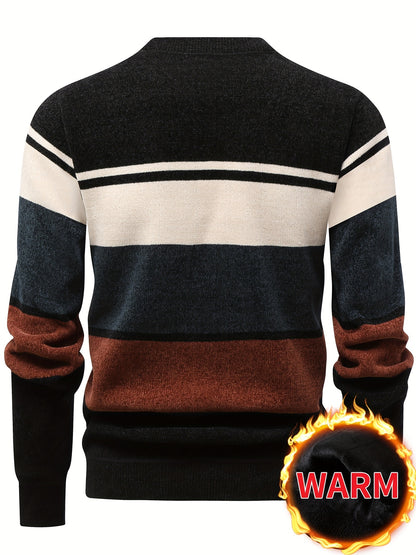 Maglione Invernale Termico Foderato in Pile Uomo Genghis - Design a Righe con Logo Lettere, Collo Tondo Maniche Lunghe, Lavabile in Lavatrice Taglio Regolare, Abbigliamento per il Freddo, Polsini e Orlo Costolati