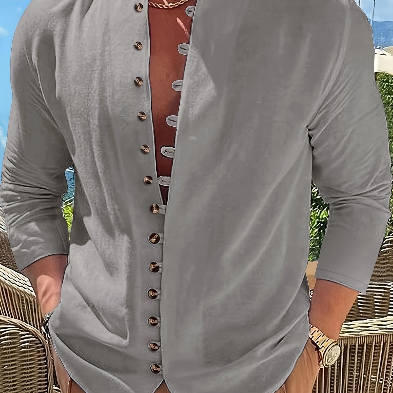 Maglietta Uomo Casual Retro a Maniche Lunghe con Collo Tondo e Bottoni, Regalo per Ramadan