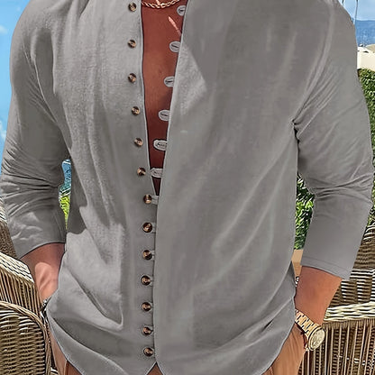Maglietta Uomo Casual Retro a Maniche Lunghe con Collo Tondo e Bottoni, Regalo per Ramadan