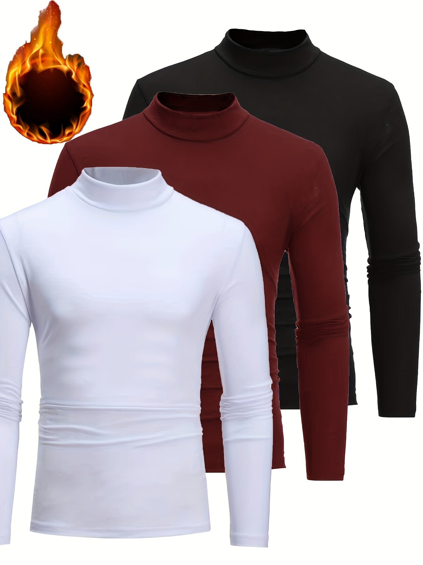 3pcs Camicie a maniche lunghe con collo alto in pile termica per uomo - Slim Fit Stand Collar Base Layer, Top casual invernali a tinta unita per strati, Bianco/Nero/Azzurro marino, Essenziali per il tempo freddo, Collo alto elegante, Camicia comoda